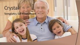  Presentation with grandparents - Presentation featuring baby boomer sofa - grandparents posing with grandchildren background and a coral colored foreground