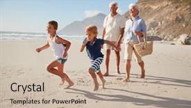  Presentation with grandparents - Beautiful presentation design featuring grandparents running along beach backdrop and a soft green colored foreground