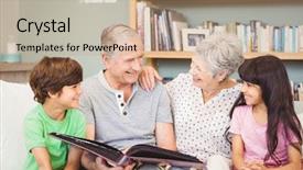  Presentation with album - Slides having grandparents showing album to grandchildren background and a  colored foreground