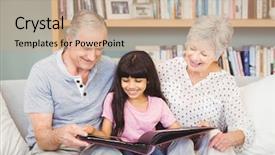  Presentation with album - Beautiful PPT layouts featuring grandparents showing album to granddaughter backdrop and a coral colored foreground