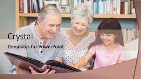  Presentation with album - Slide set featuring grandparents showing album to granddaughter background and a  colored foreground
