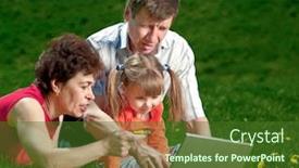  Presentation with grandparents - Colorful slides enhanced with grandparents with child sit in grass and look at laptop backdrop and a tawny brown colored foreground
