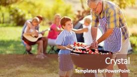  Presentation with grilling - Slide deck with grandson grilling meat for diner background and a tawny brown colored foreground