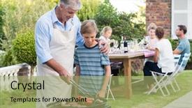  Presentation with happy barber client - Slide deck consisting of grandson helping grandfather in barbeque background and a mint green colored foreground