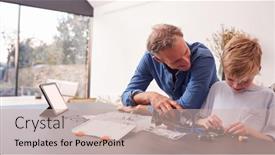  Presentation with robot electronic - Presentation theme consisting of grandson-with-grandfather-assembling-electronic background and a soft green colored foreground