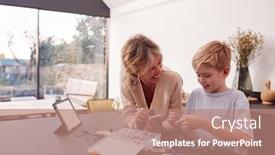  Presentation with robot electronic - Beautiful presentation design featuring grandson-with-grandmother-assembling-electronic backdrop and a coral colored foreground