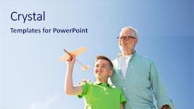  Presentation with dream sky - Amazing presentation design having family generation future dream and people concept - happy grandfather and grandson with toy airplane over blue sky backdrop and a sky blue colored foreground