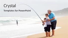  Presentation with together - Cool new PPT layouts with grandsons together pulling a fish backdrop and a sky blue colored foreground