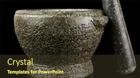  Presentation with sauces - Audience pleasing presentation design consisting of granite mortar used for making sauces isolated on black background backdrop and a tawny brown colored foreground