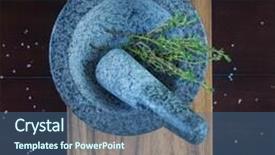  Presentation with granite - Theme with granite stone mortar and thyme herb over wooden plank background and a ocean colored foreground