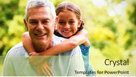  Presentation with yard sale online - PPT layouts with granny - smiling grandfather carrying grandaughter background and a yellow colored foreground