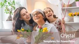  Presentation with grandma - Audience pleasing PPT theme consisting of granny giving them flowers backdrop and a coral colored foreground