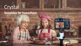  Presentation with sugar - Amazing slide deck having granny-helps-granddaughter-sprinkling-sugar backdrop and a tawny brown colored foreground