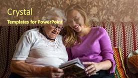  Presentation with memories - Cool new PPT theme with granny-showing-her-granddaughter-memories backdrop and a tawny brown colored foreground