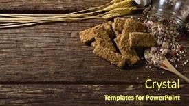  Presentation with spilling - Presentation theme having granola bars and breakfast cereals spilling out of bottle on wooden table background and a wine colored foreground