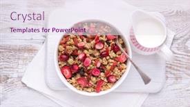  Presentation with granola - Slide set enhanced with granola with dried fruits in a white bowl on white wooden table top view background and a sky blue colored foreground