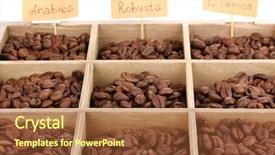  Presentation with sack of coffee beans - Colorful PPT layouts enhanced with granos de cafe - coffee beans in wooden box backdrop and a tawny brown colored foreground