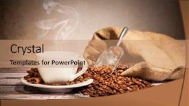  Presentation with cafe - Theme featuring granos de cafe - coffee still life with wooden background and a coral colored foreground