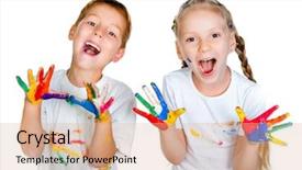  Presentation with kids hand prints paint - PPT theme having high-tech greenhouse cultivation of vegetables green food background and a gray colored foreground