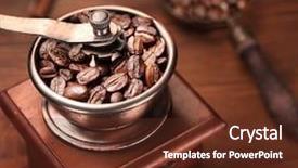  Presentation with sack of coffee beans - Theme with granos de cafe - roasted coffee beans are ground background and a  colored foreground