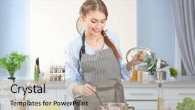  Presentation with cooking - Beautiful slides featuring granos de cafe - young woman cooking at home backdrop and a light gray colored foreground