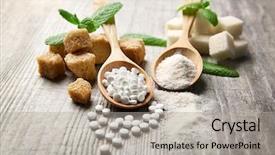  Presentation with sugar cubes - Theme consisting of granular - pile of brown sugar cubes background and a light gray colored foreground