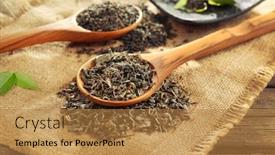  Presentation with tea leaves - Cool new presentation theme with granulated tea with green leaves on sackcloth closeup backdrop and a gold colored foreground
