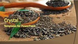 Presentation with tea leaves - Theme enhanced with granulated tea with green leaves on sackcloth closeup background and a tawny brown colored foreground