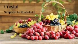  Presentation with table grape - Presentation theme having grape in basket on wooden background and a gold colored foreground