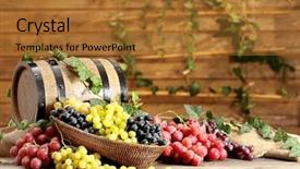  Presentation with grape vine black grapes - Colorful slide deck enhanced with grapes in bowl and barrel backdrop and a red colored foreground