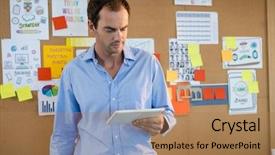  Presentation with how to level up engagement digital workplace gamification - Slides with graph bulletin - male executive using digital tablet background and a coral colored foreground