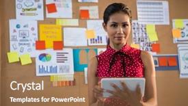  Presentation with portrait of excited overjoyed female - Theme featuring graph bulletin - portrait of female executive using background and a  colored foreground