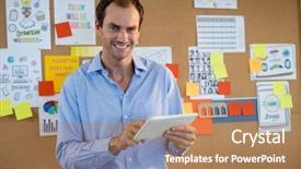  Presentation with using digital tablet - Slide deck with graph bulletin - portrait of male executive using background and a coral colored foreground