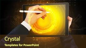  Presentation with mining - Colorful presentation design enhanced with graph mining - elegant hand touching tablet backdrop and a tawny brown colored foreground