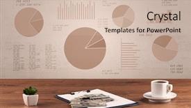  Presentation with business office desk - PPT layouts consisting of graphic business office desk with pie charts and graphs on the brown sepia background wall background and a soft green colored foreground