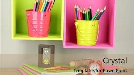  Presentation with graphic - Presentation design featuring graphic copybook - colorful pencils in pails background and a coral colored foreground