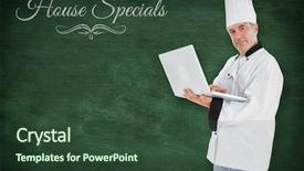  Presentation with green chalkboard - Slide deck consisting of graphic design special effects - chef standing holding a laptop background and a  colored foreground