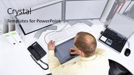  Presentation with graphic - PPT theme enhanced with graphic designer at work behind two big flat-screen monitors and a laptop a clipping path of the screens is available at the highest resolution background and a lemonade colored foreground