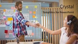  Presentation with graphic - Cool new PPT layouts with graphic designer offering coffee to his colleague in office backdrop and a coral colored foreground
