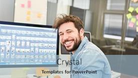  Presentation with graphic - Amazing PPT layouts having graphic-designer-smiling-on-pc backdrop and a light blue colored foreground