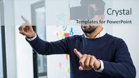  Presentation with graphic - Presentation design featuring graphic designer using the virtual reality headset in creative office background and a sky blue colored foreground