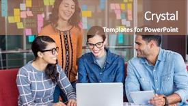  Presentation with graphic - Audience pleasing slide deck consisting of graphic designers discussing over laptop in office backdrop and a coral colored foreground