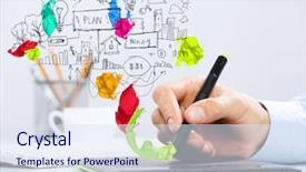  Presentation with strategy plan - Colorful presentation design enhanced with graphic diagram - close up of human hand backdrop and a sky blue colored foreground