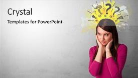  Presentation with question marks - Audience pleasing presentation theme consisting of graphic funnel - business person looking for new backdrop and a white colored foreground