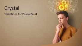  Presentation with funnel - Colorful presentation design enhanced with graphic funnel - business person thinking with brainstorming backdrop and a coral colored foreground