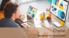  Presentation with spreadsheet data and business charts - Presentation theme consisting of graphic image of business presentation background and a coral colored foreground