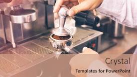  Presentation with flare - Slide set having graphic image of flare against cropped hands of barista making cup of coffee background and a coral colored foreground