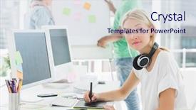  Presentation with artist - PPT theme having graphic tablet with colleagues behind background and a sky blue colored foreground