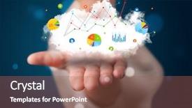  Presentation with cloud silver lining - PPT theme enhanced with graphs statistics - young beautiful woman presenting cloud background and a violet colored foreground