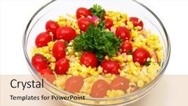  Presentation with kernel corn - Colorful presentation enhanced with graps - grilled corn salad background tomato backdrop and a  colored foreground